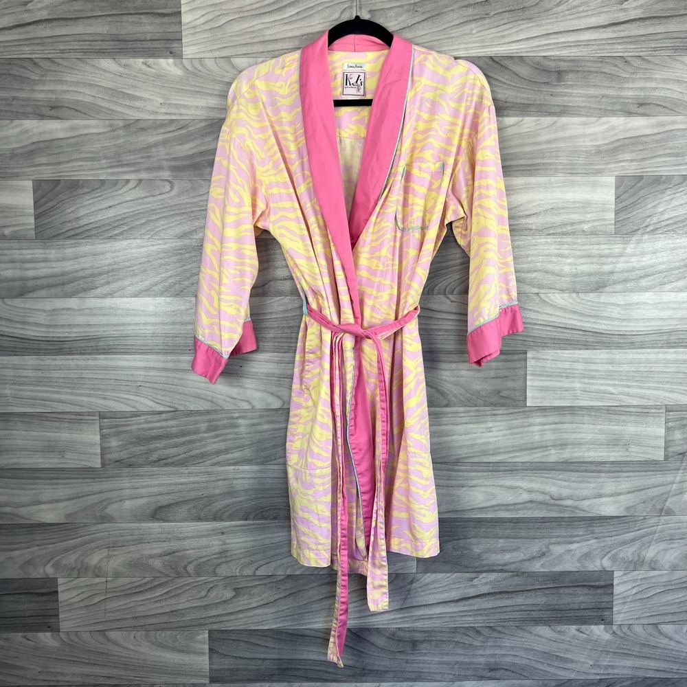 Neiman Marcus KJS Bathrobe Women Small Pink Animal Print Cotton Long Sleeve Boho